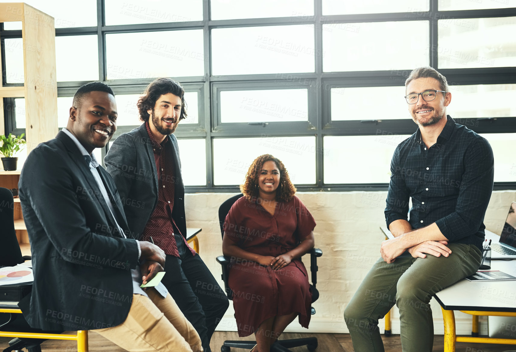 Buy stock photo Portrait, people and meeting in collaboration on project at workplace, office or company as team. Group, diversity and brainstorm for corporate in discussion for planning or development as colleagues