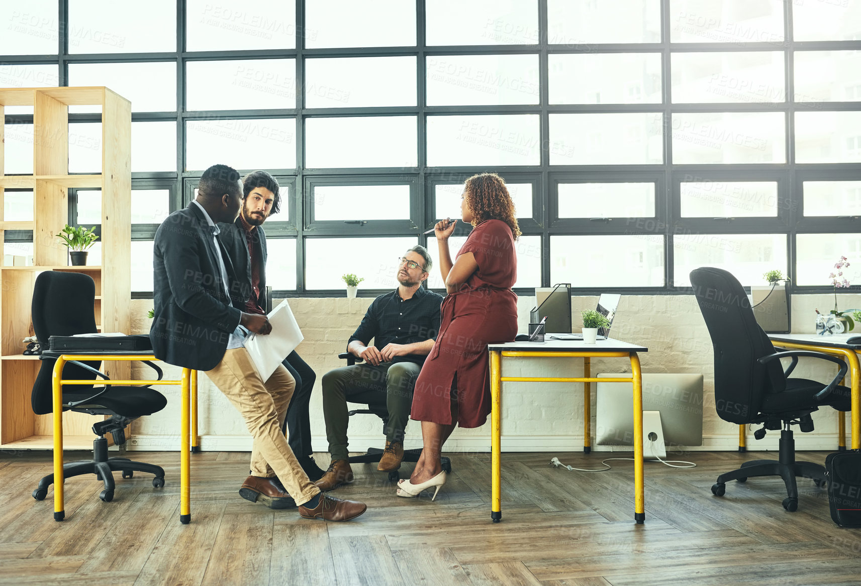 Buy stock photo Teamwork, discussion and group in office, talking and diversity in business, corporate and brainstorming. Ideas, men and woman in meeting, paperwork and communication for project for journalist