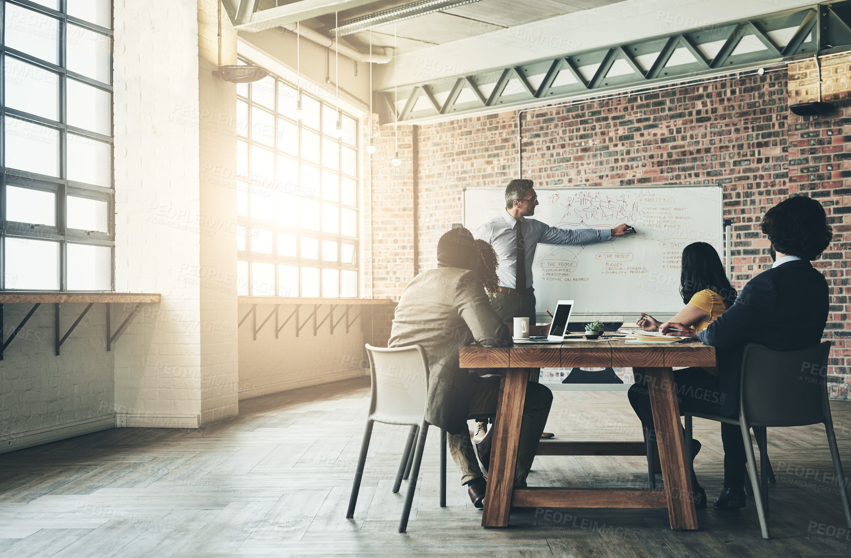 Buy stock photo Whiteboard, businessman or speaker in presentation for teaching, SWOT analysis or marketing strategy. People, workshop or leader writing in team training, coaching or learning opportunity in meeting