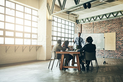 Buy stock photo Whiteboard, education or businessman in presentation for teaching, problem solving or solution in meeting. People, workshop or leader talking in team training, coaching class or learning opportunity