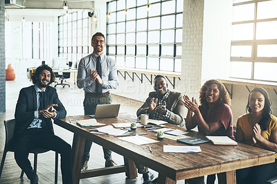 Buy stock photo Celebration, applause and business people meeting in office for teamwork, partnership and communication. Corporate, colleagues or group clap discussing company plan for workshop, proposal or project