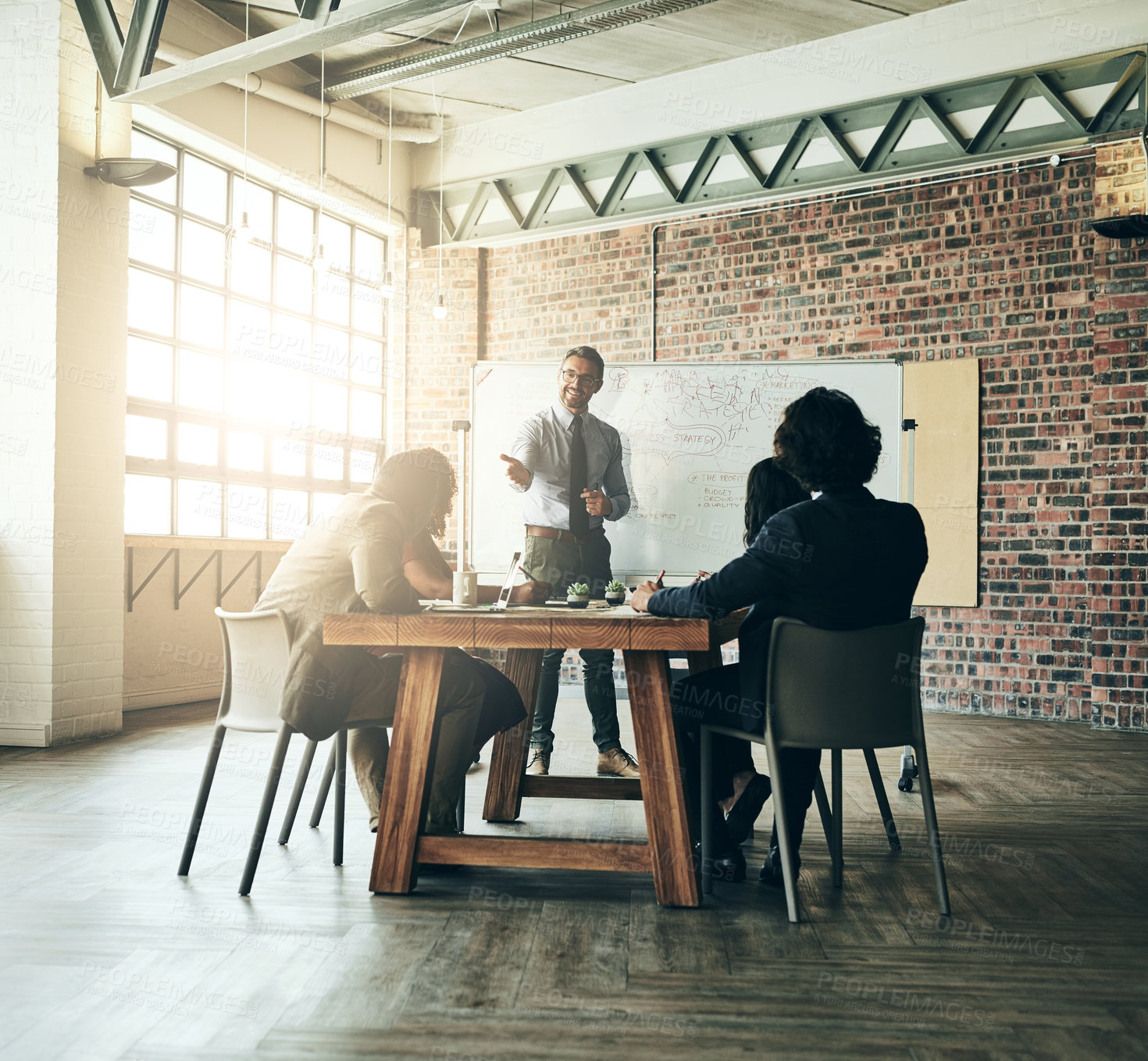 Buy stock photo Whiteboard, businessman or leader in presentation for questions, SWOT analysis or teaching strategy. People, workshop or speaker asking in team training, coaching or learning opportunity in meeting