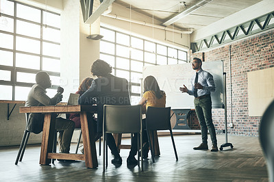 Buy stock photo Whiteboard, manager or businessman in presentation for teaching, problem solving or solution in meeting. People, workshop or leader talking in team training, coaching class or learning opportunity