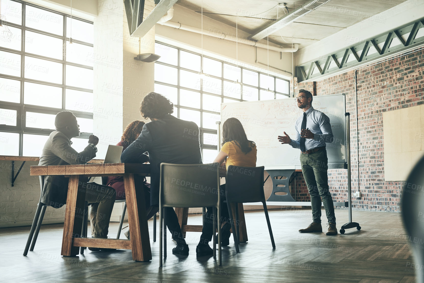 Buy stock photo Whiteboard, manager or businessman in presentation for teaching, problem solving or solution in meeting. People, workshop or leader talking in team training, coaching class or learning opportunity