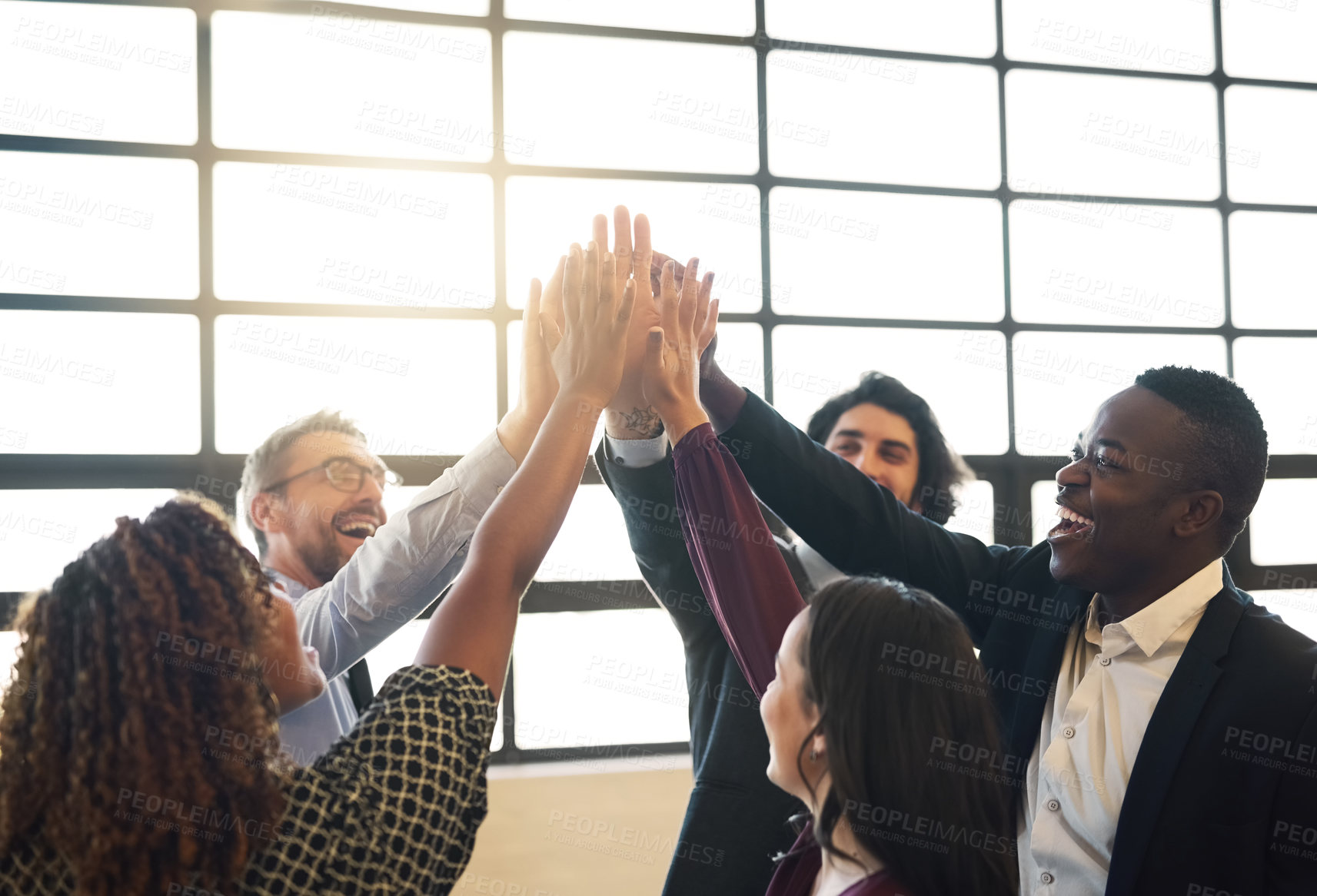 Buy stock photo Business people, group and high five for teamwork, collaboration or team building in office. Hands of diversity men and women together for corporate support, solidarity and mission or motivation