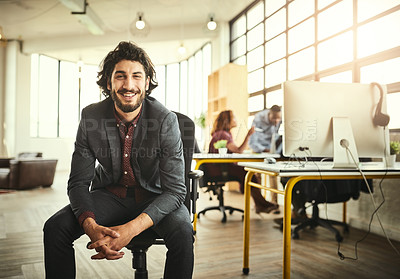 Buy stock photo Smile, confidence and portrait of man in modern office, creative tech business project and entrepreneur at design agency. Confident boss with creativity, ideas and focus, businessman with start up.