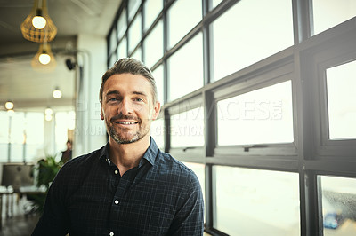 Buy stock photo Portrait, smile and happy man at office window, creative startup and business project for entrepreneur at design agency. Proud boss with creativity, job ideas and focus, businessman with confidence.