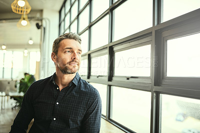 Buy stock photo Thinking, ideas and man at office window, creative startup and business project for entrepreneur at design agency. Proud boss with creativity, job idea and focus, businessman with future in workplace