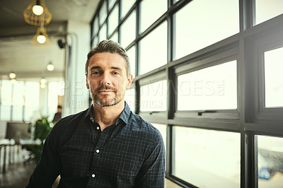 Buy stock photo Cropped portrait of a handsome mature businessman standing in the office with his colleagues in the background