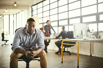 Buy stock photo Boss, chair and portrait of black man at office, startup entrepreneur with creative ideas for business project. Leader with creativity, idea and African businessman with plan at tech design workspace