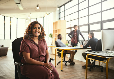 Buy stock photo Portrait of happy woman in office, startup boss at creative agency and leader in business project at design studio. Female entrepreneur with creativity, ideas and happiness, ceo in happy workplace.