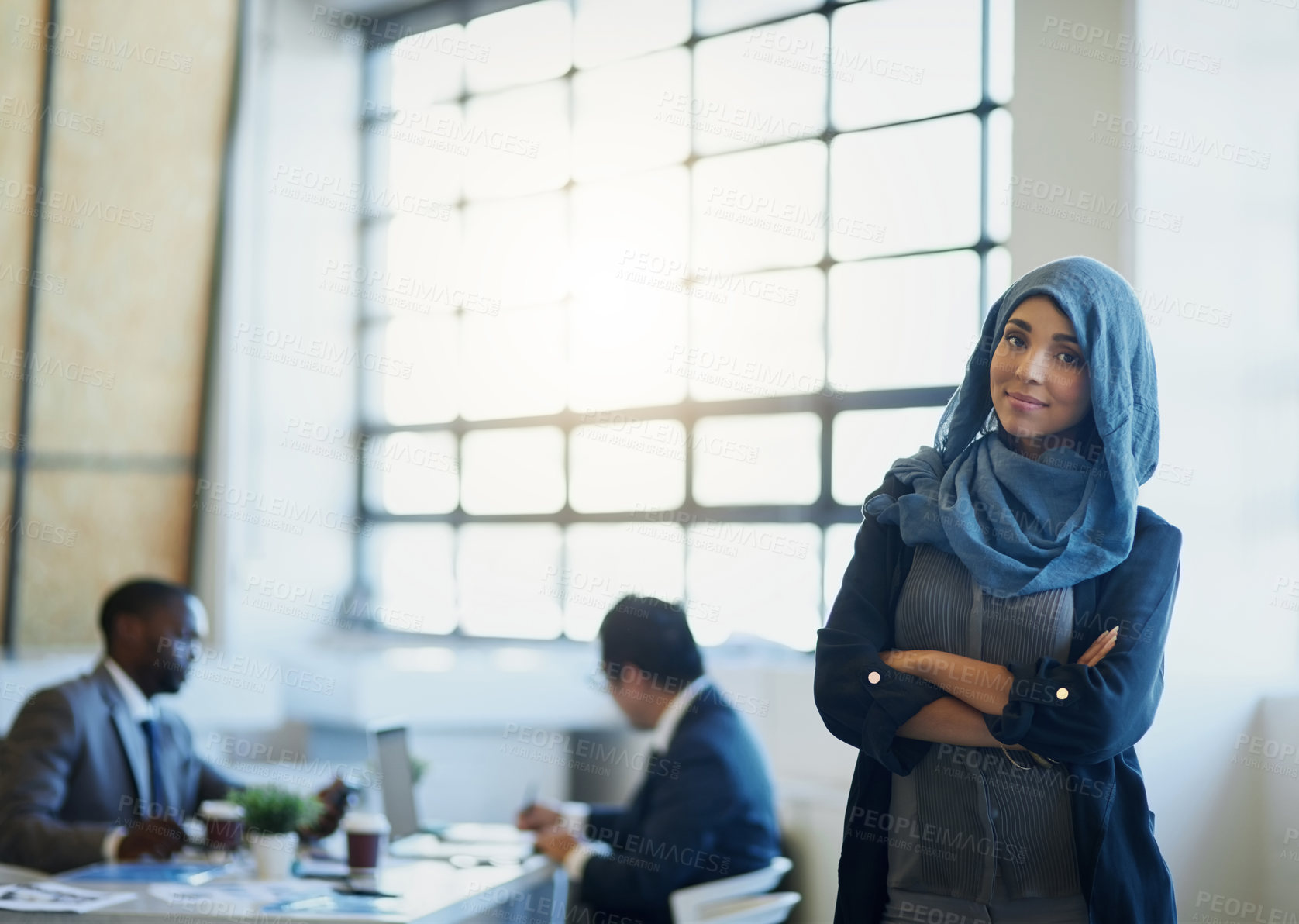 Buy stock photo Business woman, muslim and arms crossed portrait in an office with a smile for career pride. Arab female entrepreneur or leader at a diversity and corporate workplace with a positive mindset 