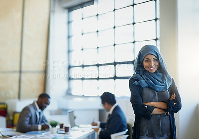 Buy stock photo Muslim, business woman and portrait in office with a smile, hijab and arms crossed for career pride. Arab female entrepreneur or leader at a corporate workplace with a positive mindset and motivation