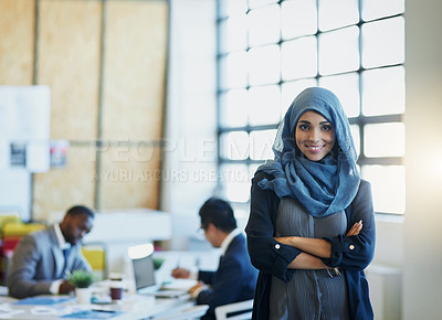 Buy stock photo Muslim woman, business and portrait in an office with a smile and arms crossed for career pride. Arab female entrepreneur or leader at a diversity and corporate workplace with a positive mindset 