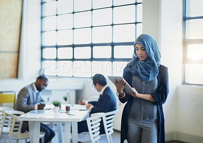 Buy stock photo Business, Islamic woman and employee  with a tablet, online reading and feedback with review and email. Muslim female person, consultant and administrator with technology, connection and website info