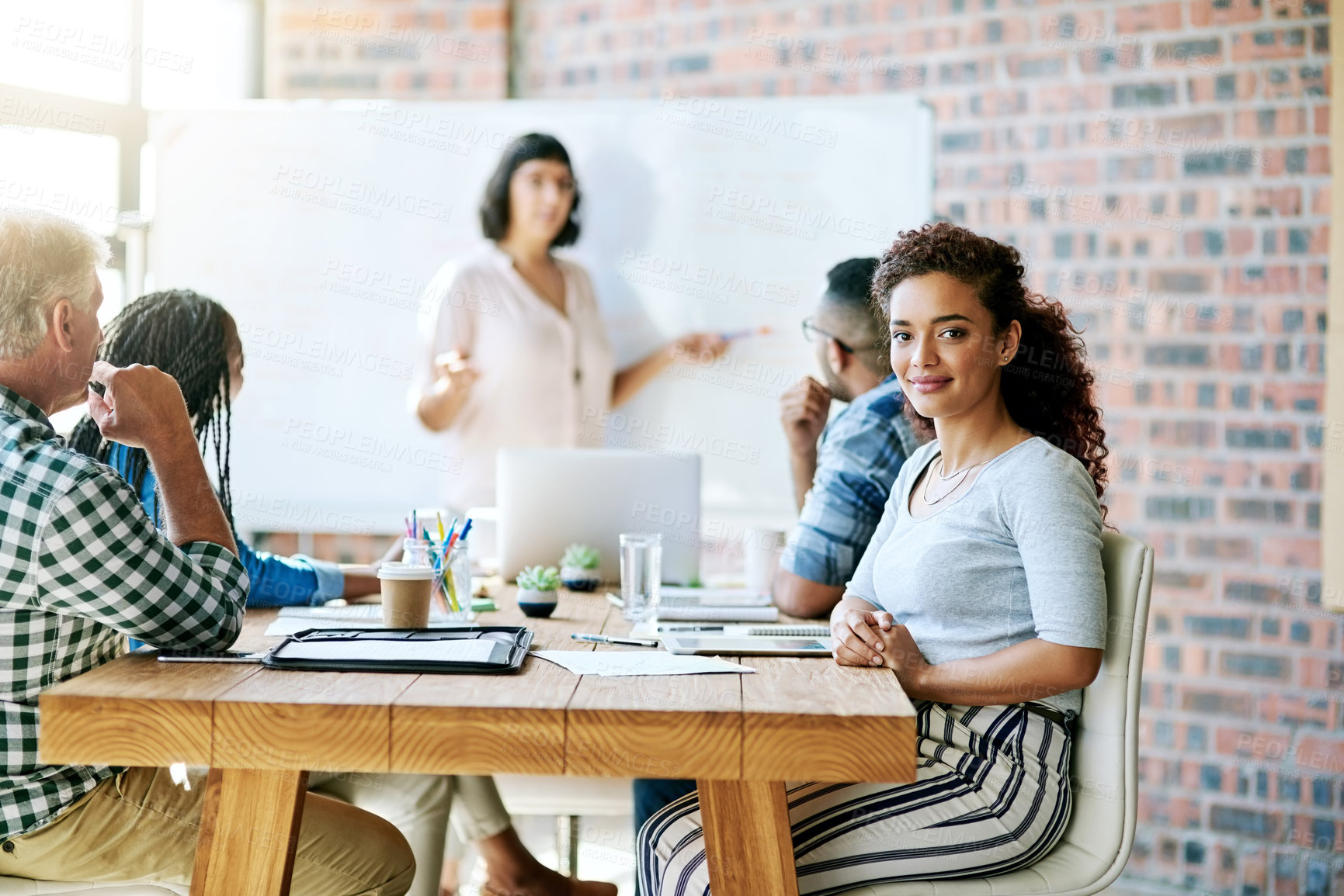 Buy stock photo Portrait, smile and woman at creative presentation, project management and planning in workshop. Confidence, meeting room and designer at tech startup for growth, development or opportunity in office