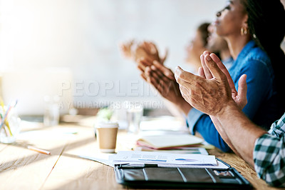 Buy stock photo Cropped shot of a group of businesspeople clapping hands