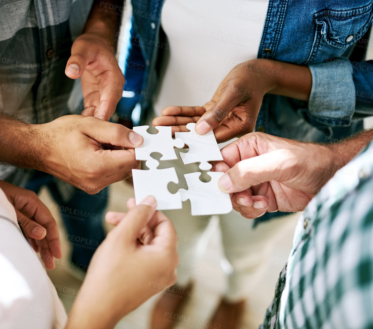 Buy stock photo Hands, group and jigsaw for connection, solution and circle with collaboration for creativity at startup. People, team and scrum with puzzle for problem solving, solidarity or link for synergy at job