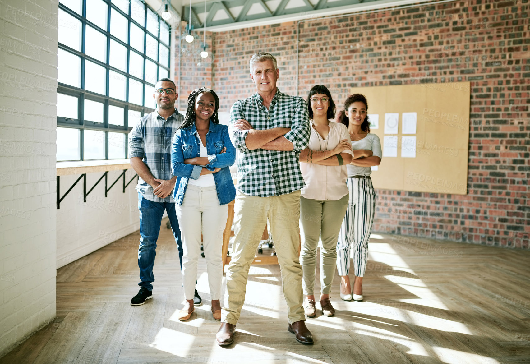 Buy stock photo Portrait, business people and boss with arms crossed, startup and creative agency with collaboration. Face, group and employees in modern office, design team and cooperation with leadership or smile