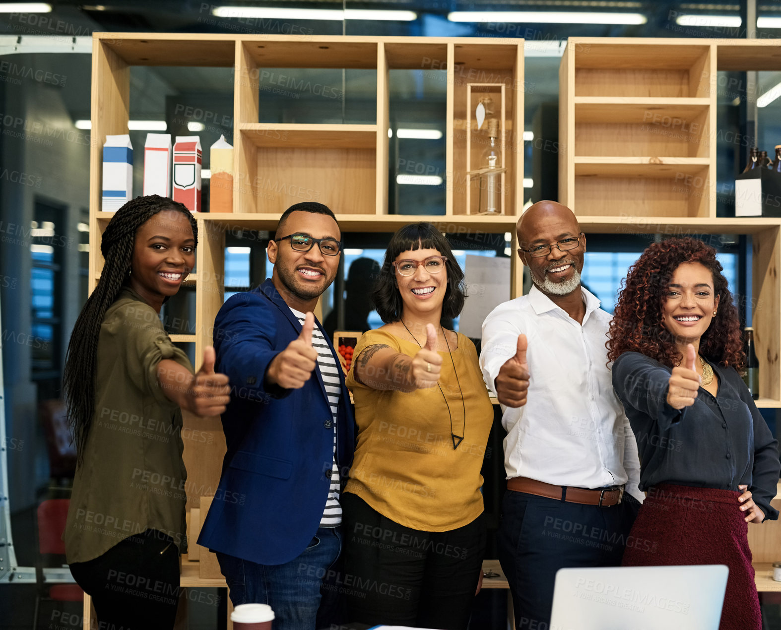 Buy stock photo Business people, thumbs up and smile in office portrait for approval, agreement app design with collaboration. Creative employees, diversity and project meeting, teamwork and thank you for startup