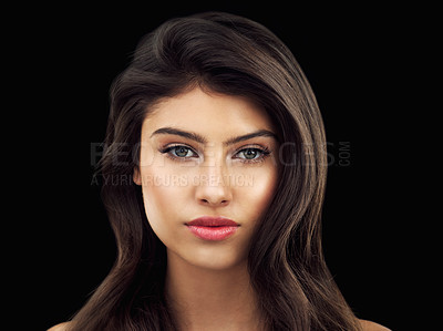 Buy stock photo Confident, portrait and woman with skincare in studio for cosmetics, shine and satisfaction. Smooth, face and female person with results for treatment, wellness and facial glow on black background