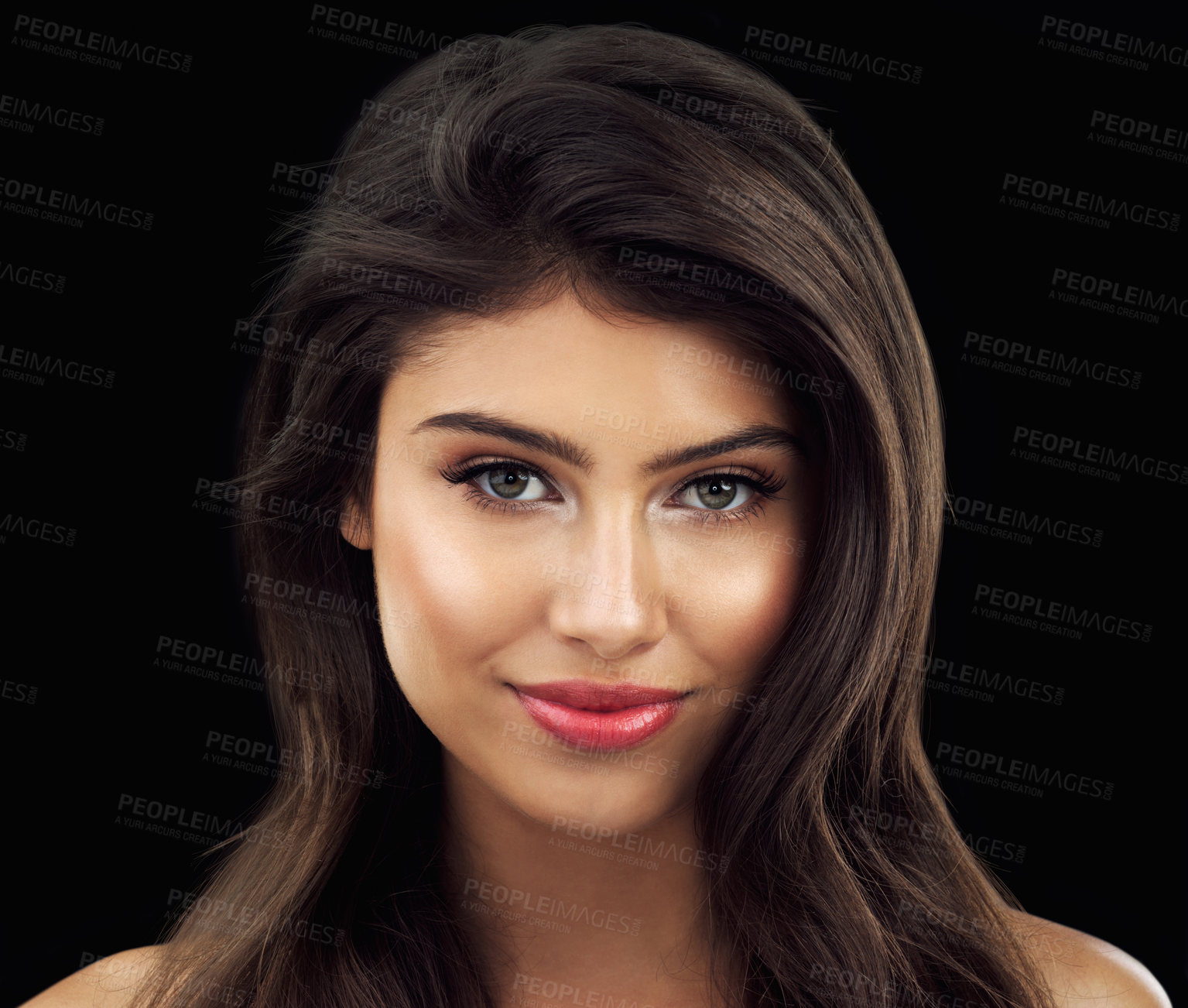 Buy stock photo Smile, portrait and woman with skincare in studio for cosmetics, results and satisfaction. Smooth, shine and female person with confidence for treatment, wellness and facial glow on black background