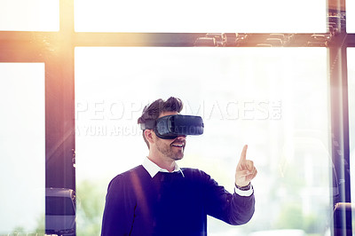 Buy stock photo Man, virtual reality and glasses for double exposure in office for traffic, click or planning for road infrastructure. Person, civil engineering and happy with AR, metaverse and 3d user experience