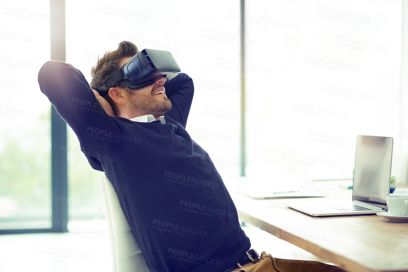 Buy stock photo Man, vr and relax in office with smile, video and 3d user experience with futuristic vision for streaming. Person, augmented reality and glasses for metaverse, subscription and ui at startup