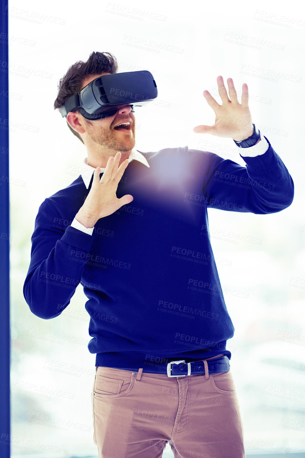 Buy stock photo Shock, virtual reality and business man in office for metaverse, online networking and cyberworld. Digital, technology and worker with hands for user interface, vr simulation and website at workplace