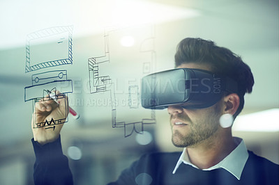 Buy stock photo Architect, drawing and virtual reality for planning, blueprint on wall and design innovation for future construction project. Man, architecture technology and working with vr headset for house plan
