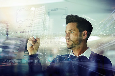 Buy stock photo Multiple exposure shot of a businessman drawing on a glass wall superimposed over a cityscape
