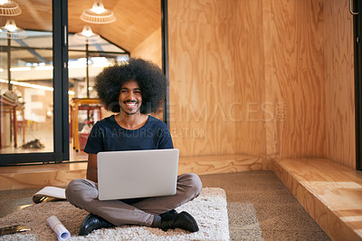 Buy stock photo Portrait, laptop and creative business man with ux design, email marketing and happy on office floor. Web designer, smile and computer on ground for planning website, font choice and online ui tools