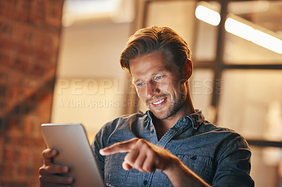 Buy stock photo Night, business and man with a tablet, office and smile with connection, entrepreneur and communication with internet. Person, evening and employee with technology, email notification and digital app