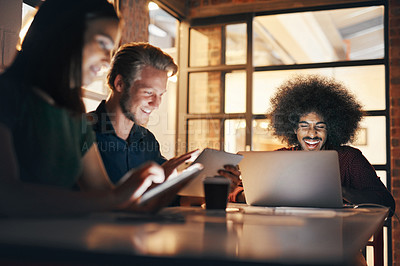 Buy stock photo Smile, collaboration and night in boardroom, laptop and laughing in workspace and teamwork. Workplace, men and woman in office, planning and talking for project, research and auditor in business