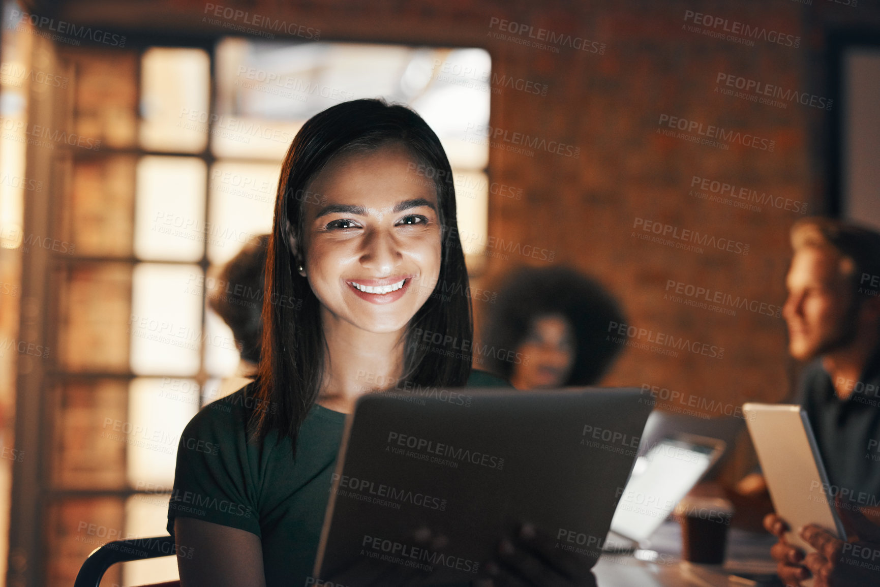 Buy stock photo Night, office and woman with a tablet, portrait and smile with connection, startup and communication. Group, planning or employee with tech, email notification or teamwork with collaboration or app