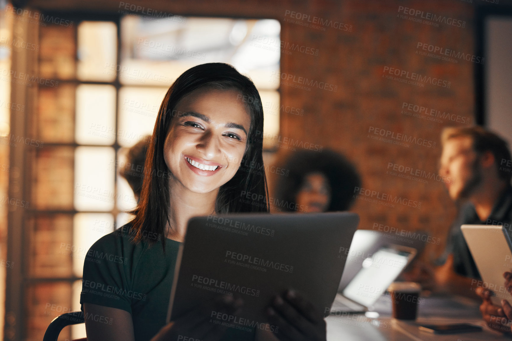Buy stock photo Night, business people and woman with a tablet, portrait and smile with connection, teamwork and communication. Face, evening or employee with technology, email notification or group with digital app