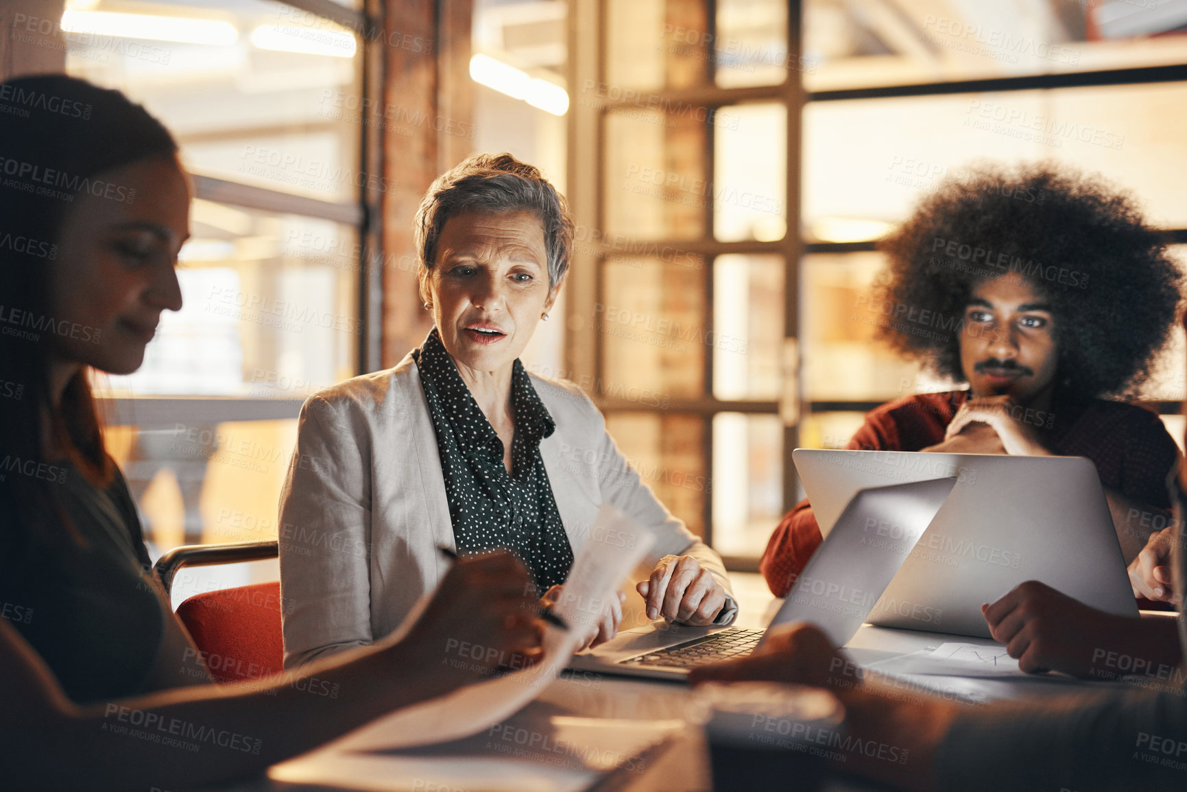 Buy stock photo Night, teamwork and writing of research, office and online for deadline, accountant and brainstorming. Boardroom, dark and people in corporate, together and auditor of finance of budget in company