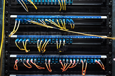 Buy stock photo Cropped shot of the inside of a computer with all of it's wiring located in a server room