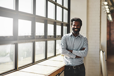 Buy stock photo Portrait, window and a business man arms crossed in the office with a smile or mindset of future success. Flare, vision and corporate with a happy male employee standing at work during his break