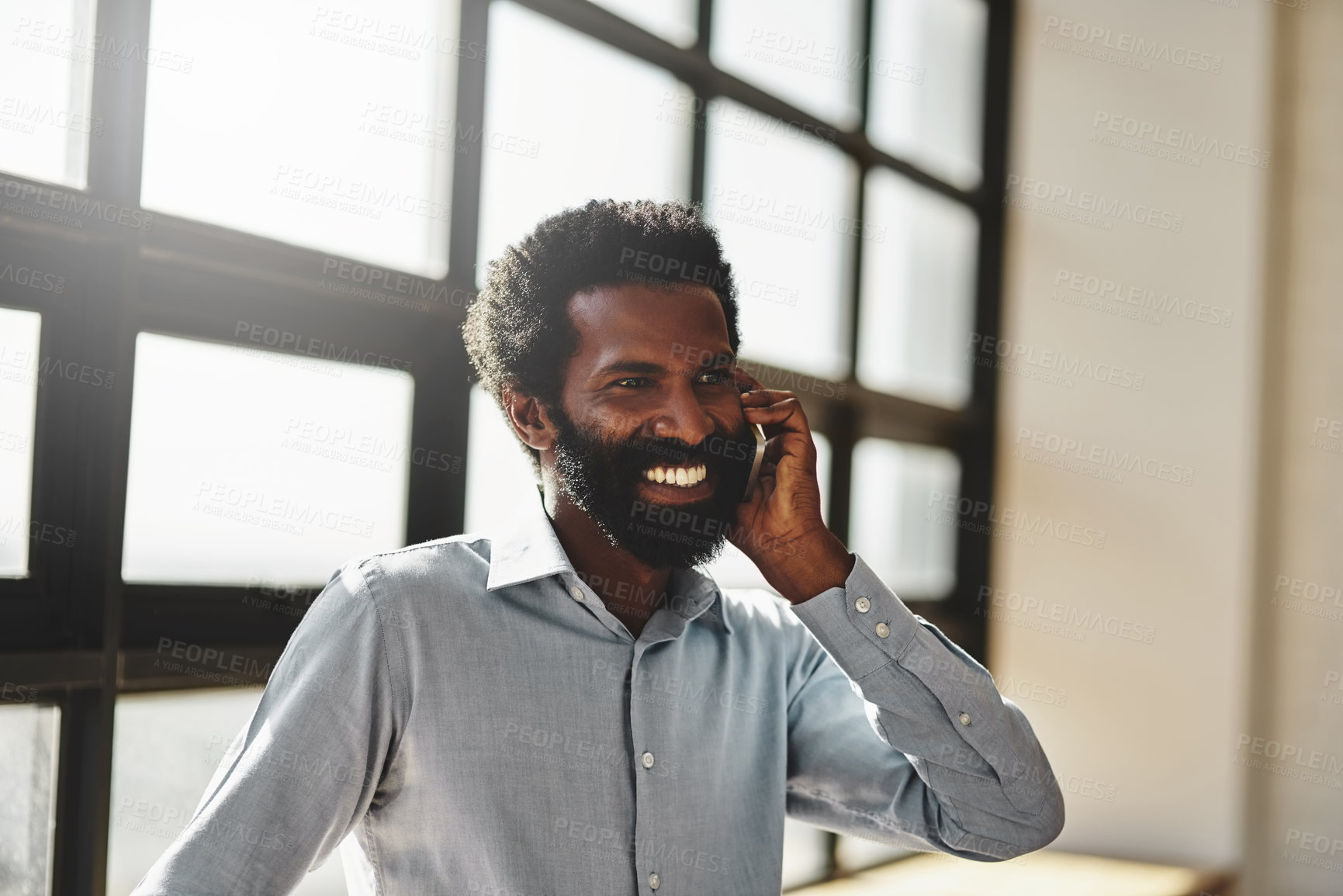 Buy stock photo Idea, happy and communication business man at office with a smile or mindset of future success. Thinking, mobile contact and communication with a male employee talking in the office during his break