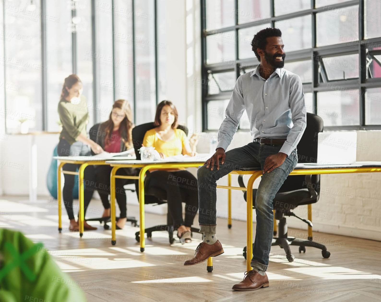 Buy stock photo Coworking, smile and business man in office with idea, digital designer and thinking of web design startup. Professional, company and creative worker with confidence and proud from website admin job