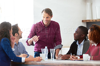 Buy stock photo Creative business, diversity and startup for deal, discussion and happy people for planning and coffee. B2B, crm and notes for meeting or brainstorming in office for design collaboration discussion