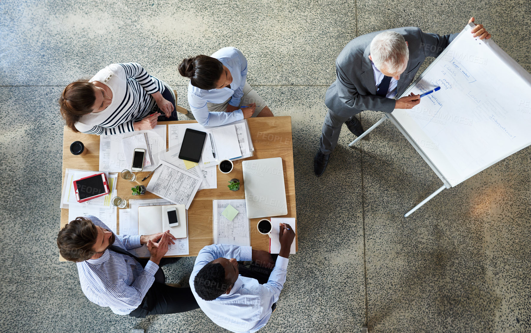 Buy stock photo Business people, presentation and financial meeting with manager, boss or leader for update on project sales. Presenter with whiteboard and accountant group listening to advice or planning from above