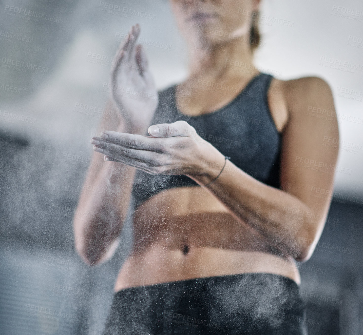 Buy stock photo Hands, woman and powder for performance, fitness and strength for training and wellness in gym. Bodybuilder, dust and exercise or workout for health, sports and athlete for competition or challenge