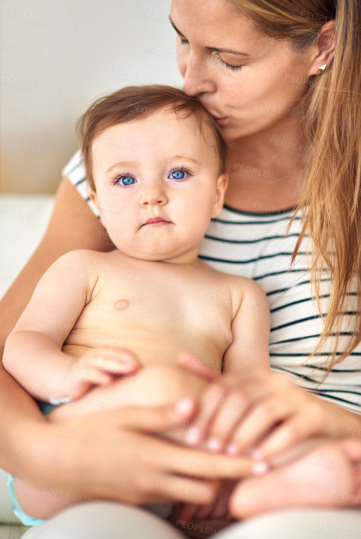 Buy stock photo Mom, baby and portrait with head kiss for care or childcare with support, love and cute as toddler for child development. Parent, kid and growth at home for bonding, childhood memories and trust