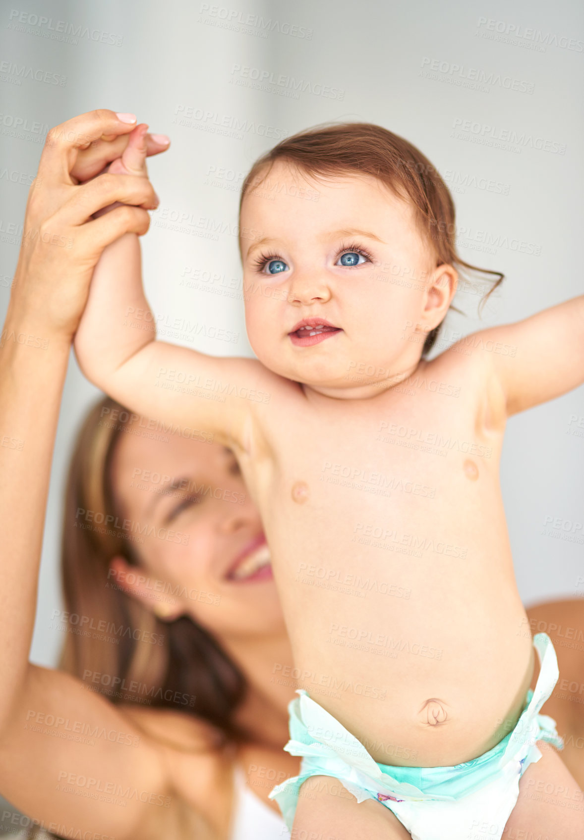 Buy stock photo Happy, baby and woman in home for support, care and help for growth or protection and kid. Development, safety and family or mom in living room with child or toddler, trust and together in morning