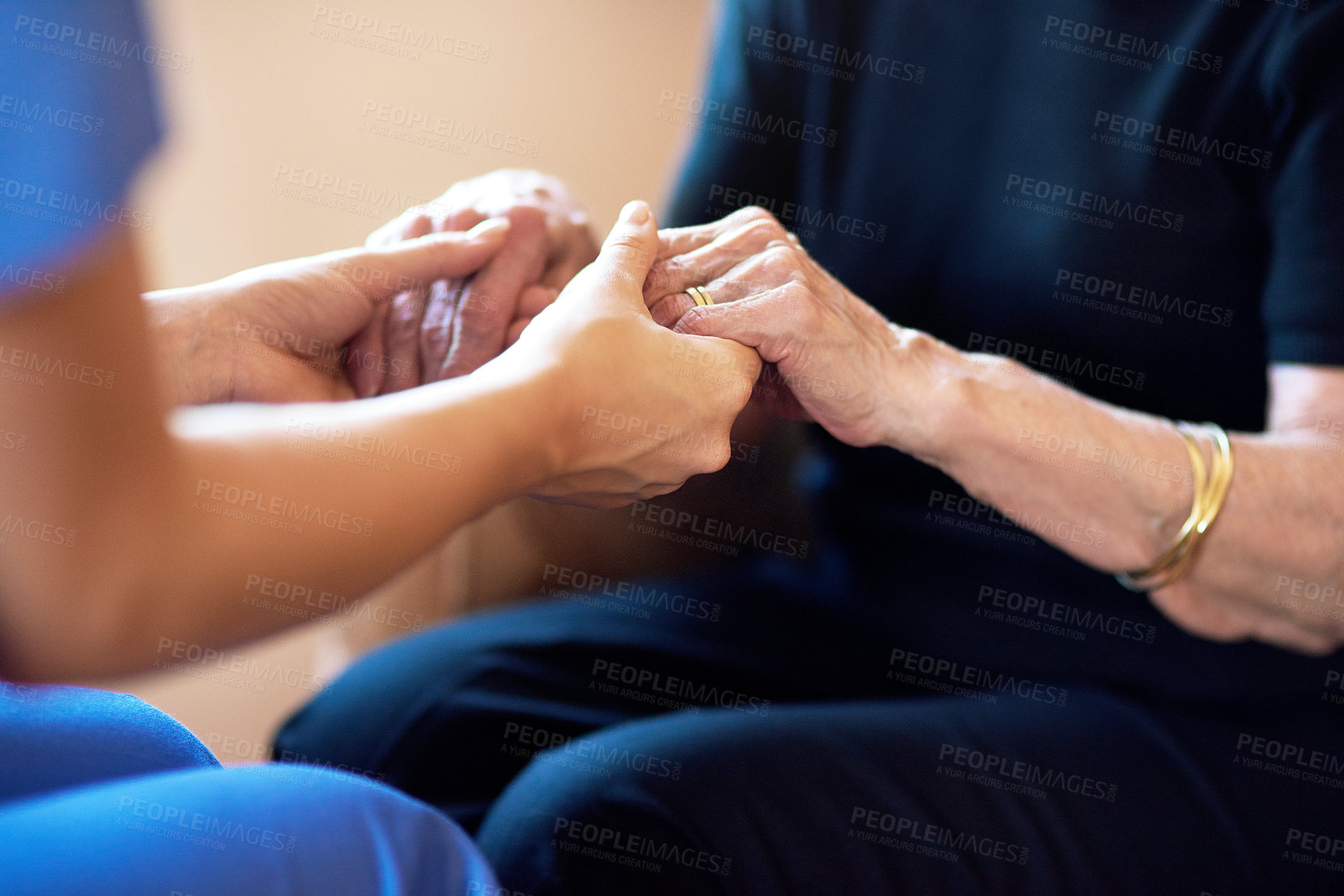 Buy stock photo Doctor, senior people and holding hands for support, healthcare service and medical, advice and empathy. Professional nurse, helping and retirement nursing for elderly person in together sign closeup