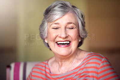 Buy stock photo Happy, senior woman and eyes closed in nursing home,  living room or laughing in house or relax in retirement. Elderly lady, happiness and smile or laugh at funny, joke with freedom of retired person