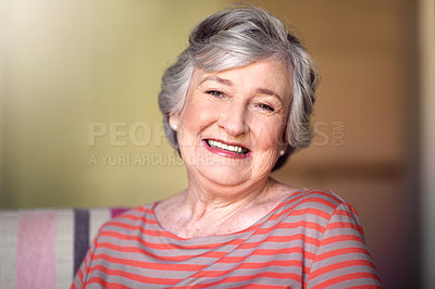 Buy stock photo Portrait, nursing home and happy senior woman in living room, laughing in house or relax in retirement. Elderly lady, happiness and healthy person smile for funny, joke or freedom of retired life