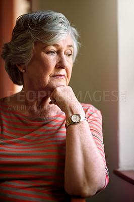 Buy stock photo Senior woman, worried and thinking at window for memory, ideas or home on living room sofa. Elderly lady, remember and think for decision, mental health or retirement on lounge chair, fear or anxiety